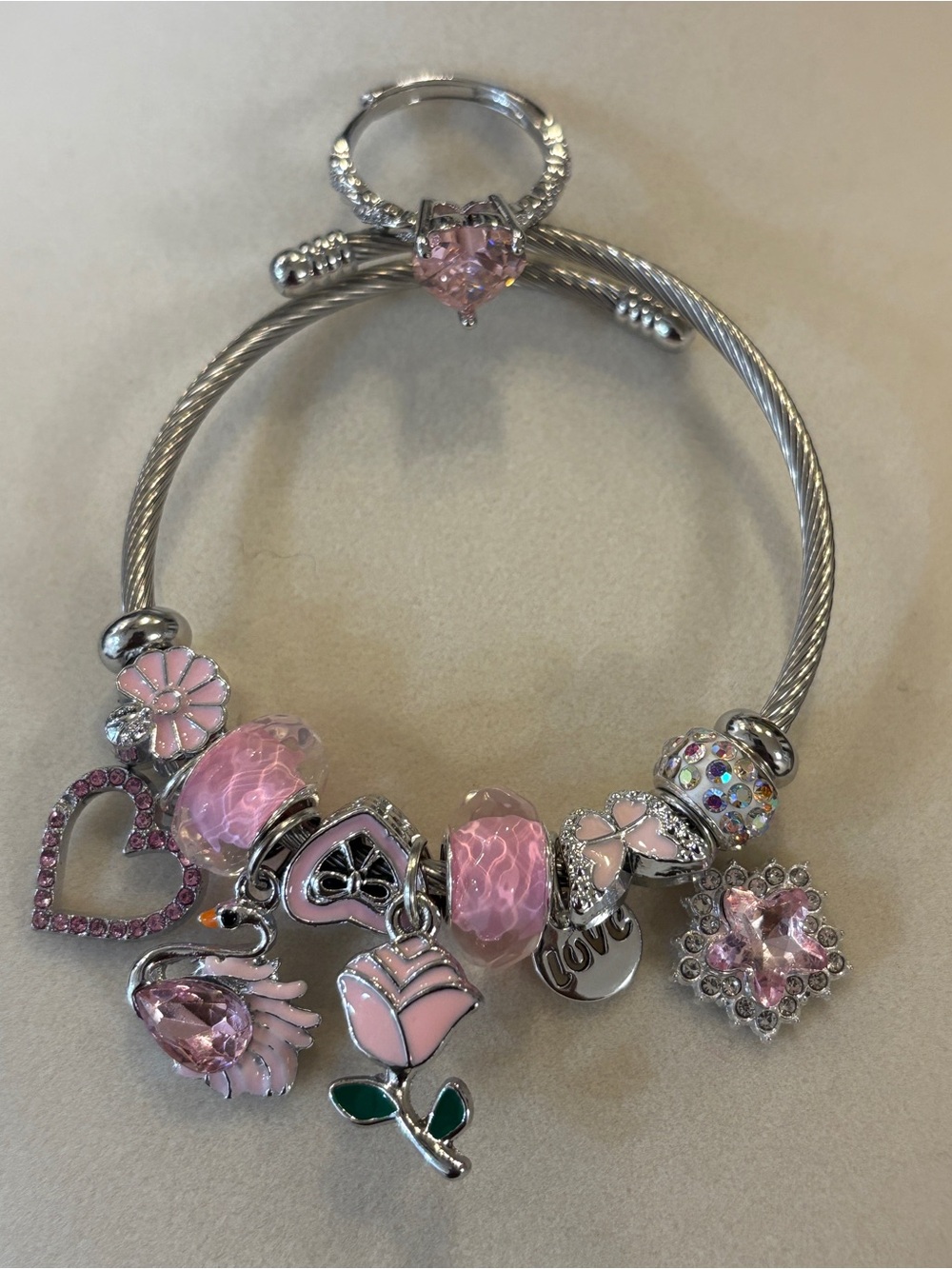 Silver-Tone Pink Charm Bracelet with Rose and Heart Accents